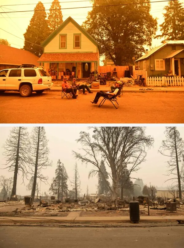 (Desde arriba) Una imagen del antes y el después muestra a los residentes sentados frente a su casa, después de que se colocara una orden de evacuación obligatoria, antes de que ardiera el 23 de julio de 2021 y después de que ardiera en Greenville, California, el 7 de agosto de 2021. (Josh Edelson/AFP vía Getty Images)