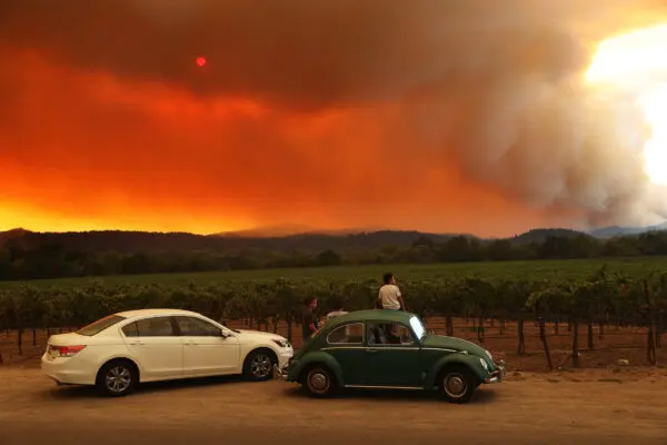 Los residentes locales se sientan junto a un viñedo mientras observan el incendio LNU Lightning Complex ardiendo en las colinas cercanas en Healdsburg, California, el 20 de agosto de 2020. (Justin Sullivan/Getty Images)