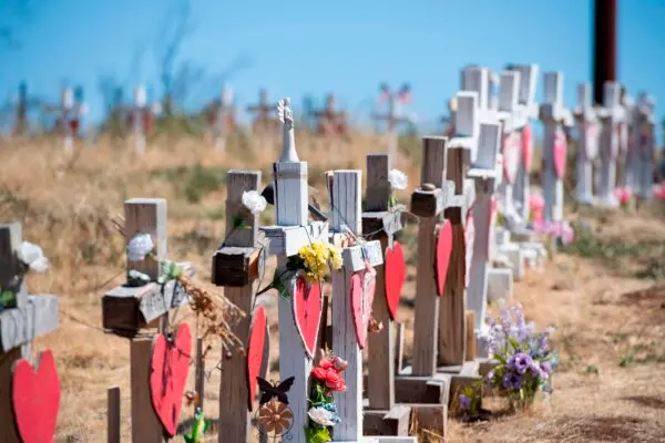 Cruces se alinean en la carretera para recordar a las 86 personas que murieron como resultado del Camp Fire en Paradise, California, el 2 de octubre de 2019. (Robyn Beck/AFP vía Getty Images)