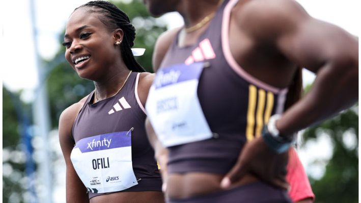 Favour Ofili de Nigeria después de ganar los 100 metros femeninos durante el Gran Premio USATF NYC 2024 en el Estadio Icahn, el 09 de junio de 2024 en la ciudad de Nueva York. (Dustin Satloff/Getty Images)