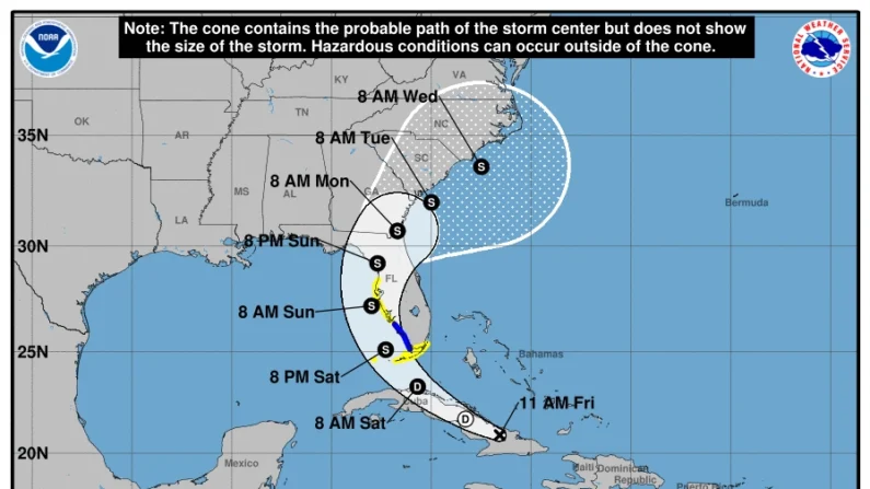 El Centro Nacional de Huracanes emitió su primera trayectora de alertas del Potencial Ciclón Tropical Cuatro a las 11 a.m. del 2 de agosto de 2024 (Centro Nacional de Huracanes/Servicio Meteorológico Nacional).