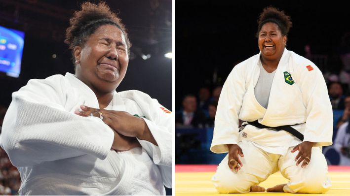 Imagen compuesta de la brasileña Beatriz Souza reaccionando tras vencer a la israelí Raz Hershko (Azul) en el combate por la medalla de oro de judo femenino +78kg de los Juegos Olímpicos de París 2024 en el Champ-de-Mars Arena, en París, el 2 de agosto de 2024. (JACK GUEZ/AFP via Getty Images)