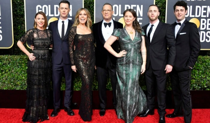 (De izquierda a derecha) Samantha Bryant, Colin Hanks, Rita Wilson, Tom Hanks, Elizabeth Ann Hanks, Chet Hanks y Truman Theodore Hanks asisten a la 77ª edición de los Globos de Oro en Beverly Hills, California, el 05 de enero de 2020. (Frazer Harrison/Getty Images)
