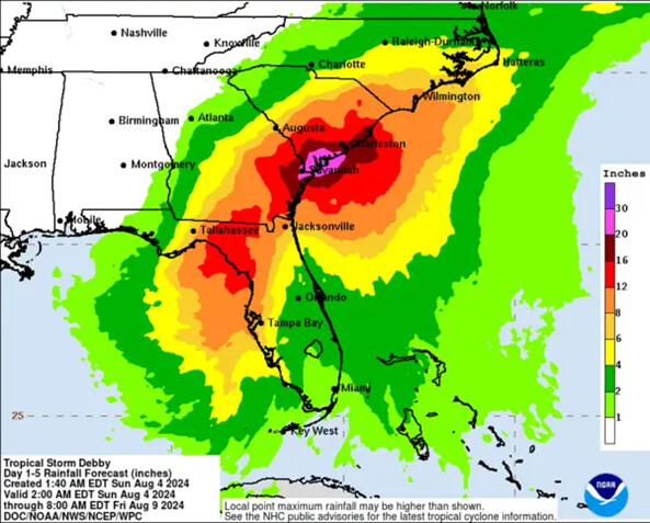 Previsión de precipitaciones del Centro Nacional de Huracanes para la tormenta tropical Debby a las 11 a.m. EDT del 4 de agosto de 2024. (Centro Nacional de Huracanes/Servicio Meteorológico Nacional)