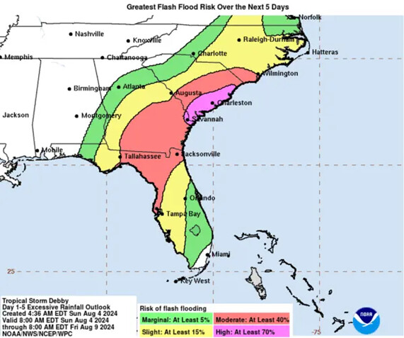 Perspectiva de inundaciones repentinas del Centro Nacional de Huracanes para la tormenta tropical Debby a partir de las 11 a.m. EDT del 4 de agosto de 2024. (Centro Nacional de Huracanes/Servicio Meteorológico Nacional)