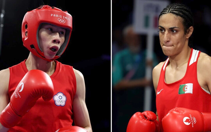 (Izquierda) Lin Yu-ting, del equipo de China Taipéi, observa antes del partido de la ronda preliminar de 57 kg femenino en el North Paris Arena, en Francia, el 2 de agosto de 2024. (Derecha) Imane Khelif, del equipo de Argelia, se dirige al ring en el North Paris Arena, en París, Francia, el 1 de agosto de 2024. (Richard Pelham/Getty Images)