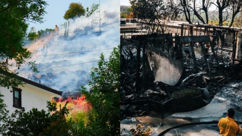 (Izquierda) Un incendio de pastizales se extiende hacia un barrio suburbano de San Bernardino, California, el 5 de agosto de 2024. (Derecha) Estructuras destruidas por un incendio de pastizales en San Bernardino, California, el 6 de agosto de 2024. (Cortesía del Departamento de Policía de San Bernardino)