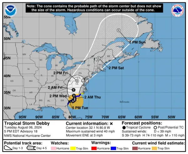 Trayectoria prevista de la tormenta tropical Debby por el Centro Nacional de Huracanes a las 5 p.m. EDT del 6 de agosto (Centro Nacional de Huracanes/Servicio Meteorológico Nacional).