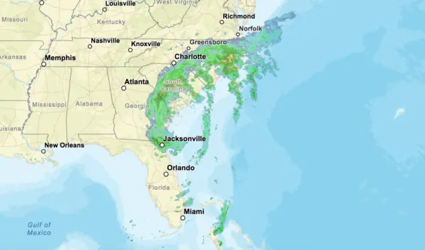 Imágenes de radar del Servicio Meteorológico Nacional de la tormenta tropical Debby a las 5:16 p.m. EDT del 6 de agosto de 2024 (Captura de pantalla/Servicio Meteorológico Nacional).