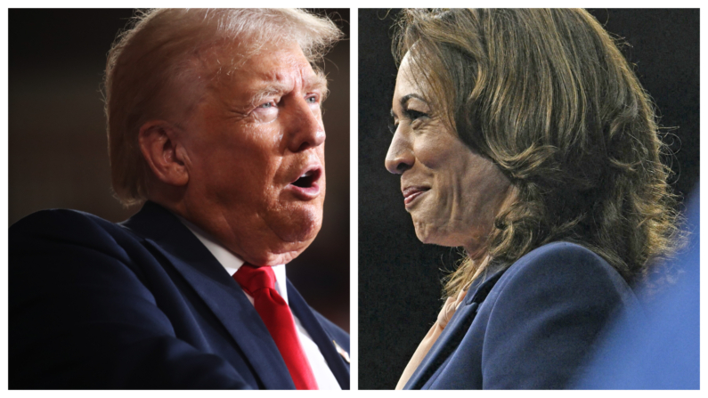 (D) El expresidente Donald Trump habla en una aparición de campaña el 31 de julio de 2024 en Harrisburg, Pennsylvania. (Spencer Platt/Getty Images) (I) La vicepresidenta de EE.UU., Kamala Harris, en el Centro Liacouras de la Universidad de Temple en Filadelfia, Pensilvania, el 6 de agosto de 2024, (BRENDAN SMIALOWSKI/AFP vía Getty Images)
