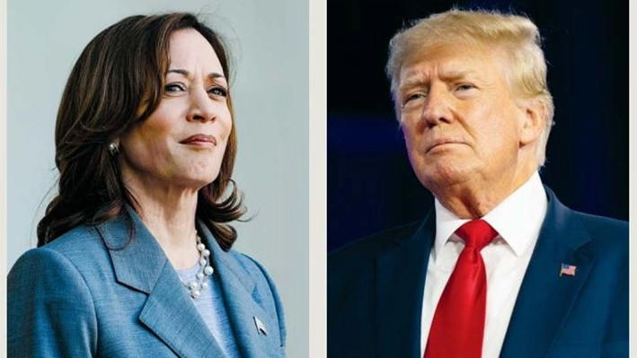 (Izquierda) La vicepresidenta estadounidense Kamala Harris en la Casa Blanca en Washington, el 18 de marzo de 2024. (Derecha) El expresidente estadounidense Donald Trump en Mason City, Iowa, el 5 de enero de 2024. (Anna Moneymaker; Brandon Bell/Getty Images)
