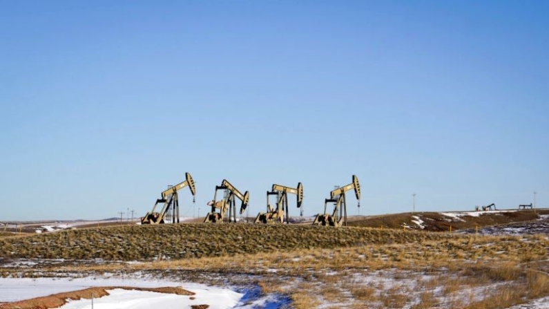 Gatos de bombeo en un yacimiento petrolífero en el condado de McKenzie, en Williston, Dakota del Norte, el 21 de diciembre de 2023. (Madalina Vasiliu/The Epoch Times)