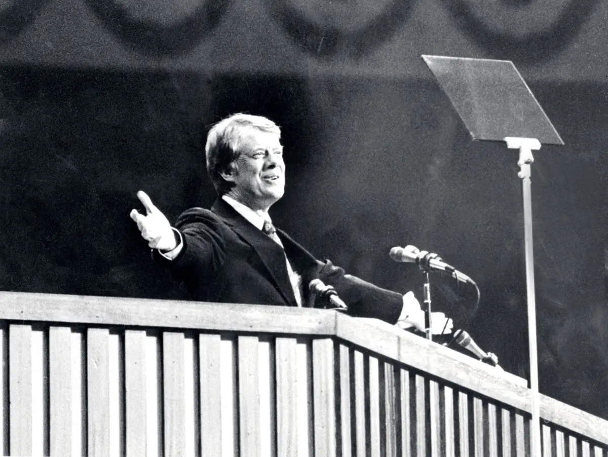 El candidato presidencial demócrata Jimmy Carter durante la Convención Nacional Demócrata en Nueva York en junio de 1976. (Str/Lehtikuva/AFP vía Getty Images)