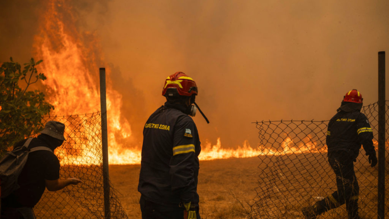 Bomberos griegos entran en un campo tras serrar una valla mientras intentan extinguir un incendio forestal cerca de Penteli, 12 de agosto de 2024. (Angelos Tzortzinis/AFP vía Getty Images)