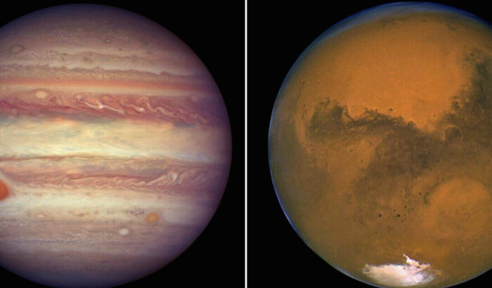 Esta imagen combinada creada a partir de dos fotos muestra a Júpiter fotografiado el 3 de abril de 2017 (L) y Marte (R), fotografiado el 26 de agosto de 2003. (NASA vía AP)