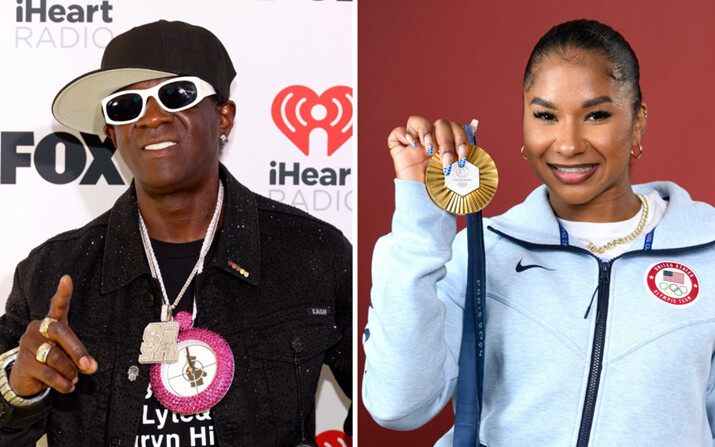 (Izquierda) Flavor Flav asiste a los iHeartRadio Music Awards 2024 en Los Ángeles, California, el 1 de abril de 2024 (Jesse Grant/Getty Images para iHeartRadio) (Derecha) Jordan Chiles posa en el programa Today Show en París, Francia, el 2 de agosto de 2024. (Kristy Sparow/Getty Images)