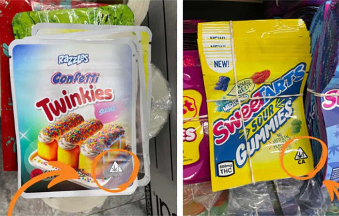 Se muestran envases ilegales de cannabis, considerados peligrosos, sobre todo cuando imitan marcas conocidas por los niños, dijo un funcionario de California. Los envases también llevan un símbolo universal falso del cannabis, sugiriendo que cumplen la normativa estatal. (Cortesía de la oficina del gobernador Gavin Newsom)
