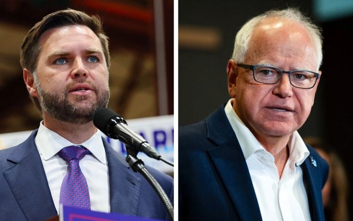 (Izquierda) El candidato republicano a la vicepresidencia, el senador JD Vance (R-Ohio), habla en Eau Claire, Wisconsin, el 7 de agosto de 2024. (Derecha) El gobernador de Minnesota Tim Walz en Bloomington, Minnesota, el 1 de agosto de 2024. (Adam Bettcher/Stephen Maturen/Getty Images)