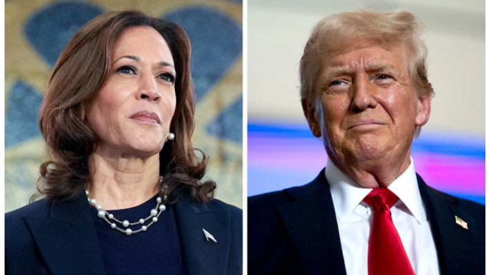 La candidata presidencial demócrata, la vicepresidenta Kamala Harris, espera para hablar en un mitin de campaña en el Local 900 de United Auto Workers en Wayne, Michigan, el 8 de agosto de 2024. (Derecha) El candidato presidencial republicano, el expresidente Donald Trump, llega para hablar durante un mitin en el Herb Brooks National Hockey Center de St Cloud, Minnesota, el 27 de julio de 2024. (Andrew Harnik, Stephen Maturen/Getty Images)
