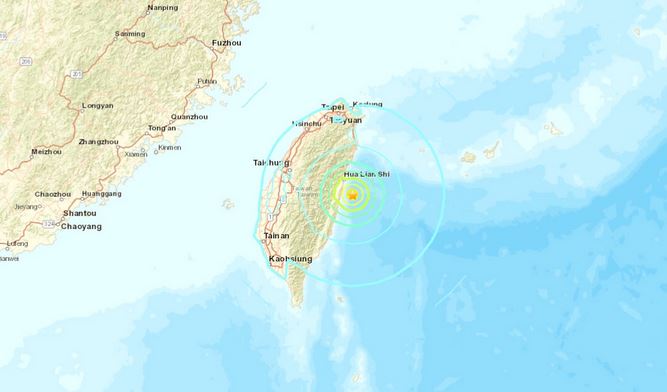 Un mapa muestra la ubicación de un terremoto que se produjo a 34 kilómetros (21 millas) de la ciudad oriental taiwanesa de Hualien el 16 de agosto de 2024. (USGS)