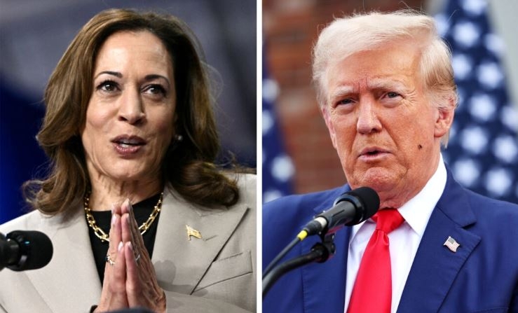 (Iz) La vicepresidenta Kamala Harris habla en el Prince George's Community College de Largo, Maryland, el 15 de agosto de 2024. (De) El expresidente Donald Trump habla durante una conferencia de prensa en Trump National Bedminster Clubhouse en Bedminster, Nueva Jersey, el 15 de agosto de 2024. (Brendan Smialowski/AFP vía Getty Images; Michael M. Santiago/Getty Images)