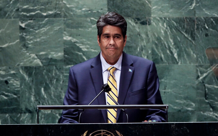 El presidente de Palau, Surangel Whipps Jr., habla durante la reunión anual en la ciudad de Nueva York para el 76º período de sesiones de la Asamblea General de las Naciones Unidas (AGNU), en Nueva York, el 21 de septiembre de 2021. (Spencer Platt/Getty Images)