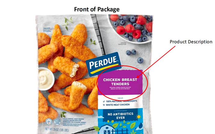 El frente de un paquete de tiras de pechuga de pollo Perdue retirado del mercado. (FSIS a través del USDA)