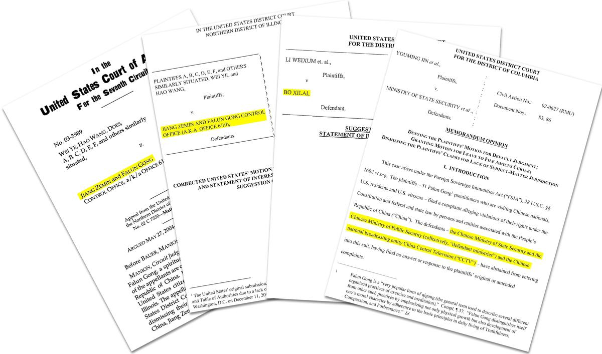 Documentos judiciales de demandas contra Jiang Zemin y sus asociados relacionadas con la campaña de persecución del PCCh a Falun Gong. Corte de Distrito de EE. UU. para el Distrito de Columbia, Corte de Distrito de EE. UU. para el Distrito Norte de Illinois, Corte de Apelación de EE.UU. para el Séptimo Circuito.