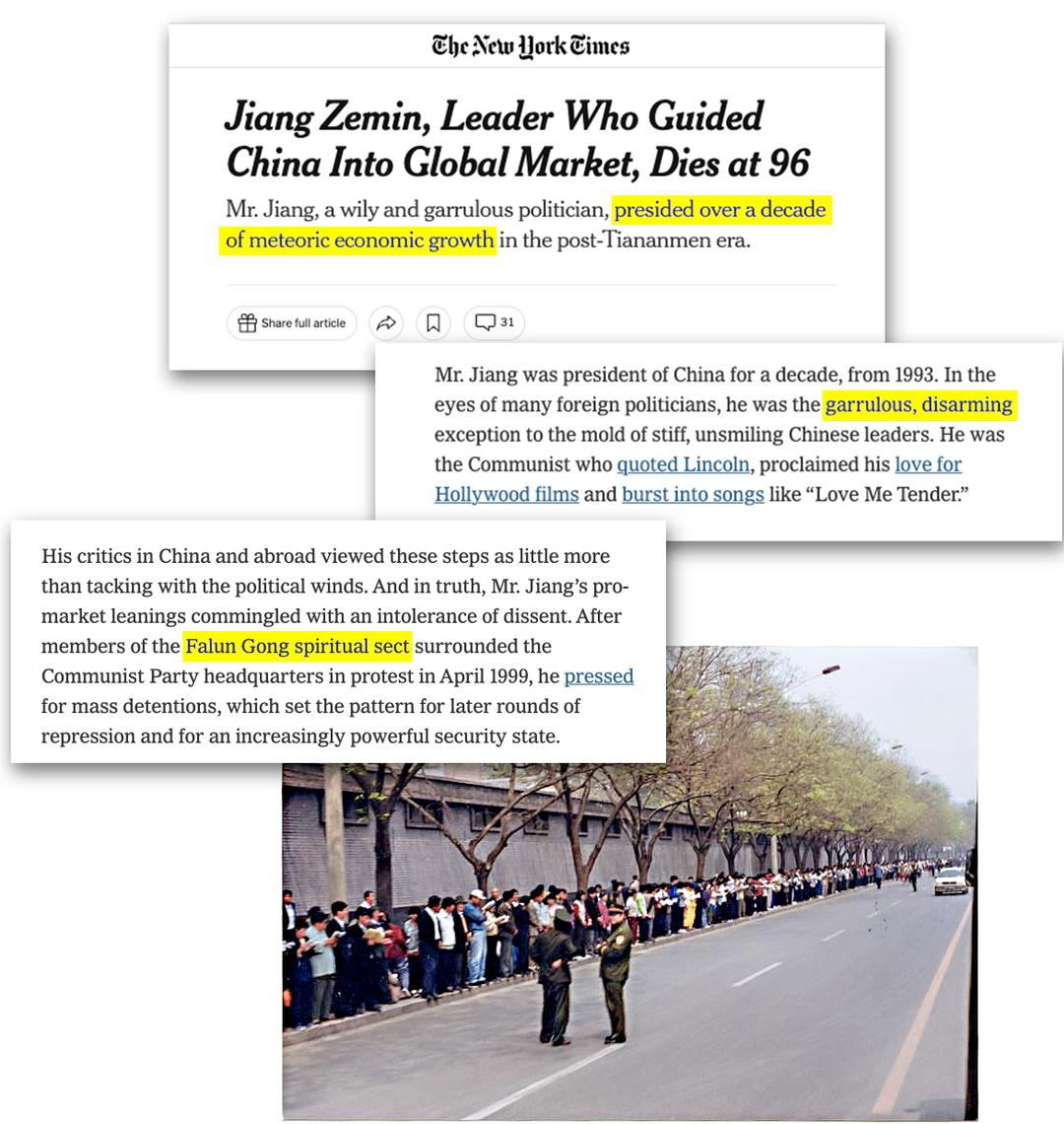 A la muerte de Jiang en 2022, el editor ejecutivo del New York Times, Joseph Kahn, contribuyó personalmente a un sentimental obituario. Captura de pantalla vía The Epoch Times, New York Times, Minghui