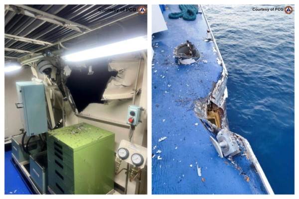 Daños en la sala auxiliar del lado de babor cerca del motor auxiliar de babor del buque de la Guardia Costera de Filipinas BRP Bagacay/MRRV-4410 (izquierda) y en el buque de la Guardia Costera BRP Cape Engano/MRRV-4411 (derecha), tras colisiones con buques de la Guardia Costera china en el disputado Mar de China Meridional, el 19 de agosto de 2024. (Guardia Costera de Filipinas vía AP)