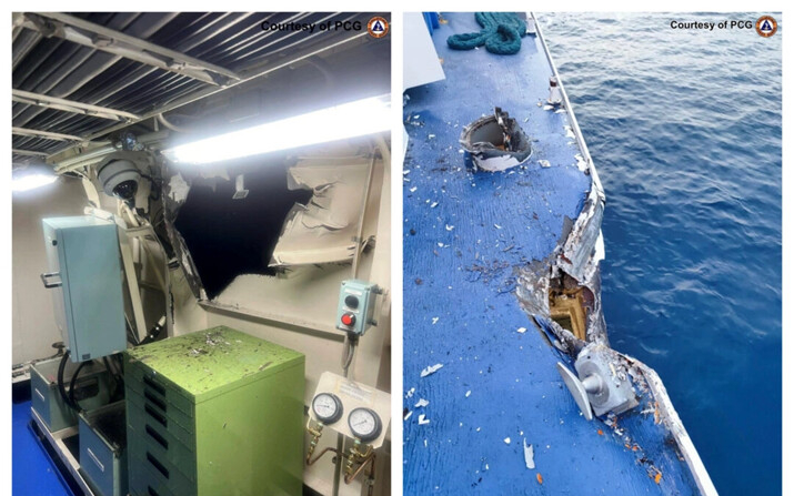 Daños en la sala auxiliar del lado de babor cerca del motor auxiliar de babor del buque de la Guardia Costera de Filipinas BRP Bagacay/MRRV-4410 (izquierda) y en el buque de la Guardia Costera BRP Cape Engaño/MRRV-4411 (derecha), tras colisiones con buques de la Guardia Costera china en el disputado Mar de China Meridional, el 19 de agosto de 2024. (Guardia Costera de Filipinas vía AP)