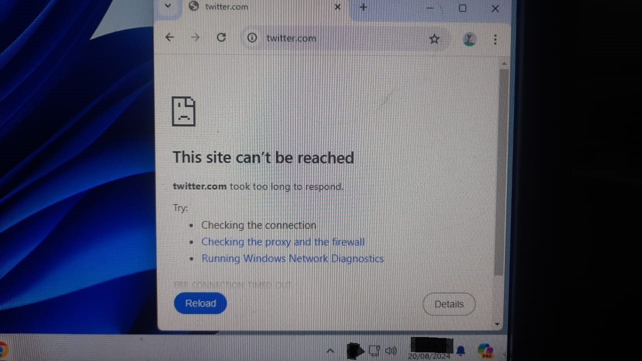 Captura de pantalla de una laptop dentro de Venezuela muestra bloqueo de acceso a la red social X, el 20 de agosto de 2024. (The Epoch Times)