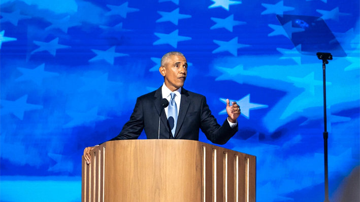 Former President Barack Obama speaks during the second day of the Democratic National Convention (DNC) at the United Center in Chicago on Aug. 20, 2024. (Madalina Vasiliu/The Epoch Times)