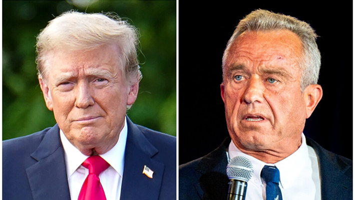 (Izquierda) El expresidente Donald Trump celebra un mitin en el South Bronx de Nueva York el 23 de mayo de 2024. (Derecha) El candidato presidencial independiente Robert F. Kennedy Jr. habla a los asistentes durante un mitin de campaña en el Brazos Hall de Austin, Texas, el 13 de mayo de 2024. (Samira Bouaou/The Epoch Times; Brandon Bell/Getty Images)
