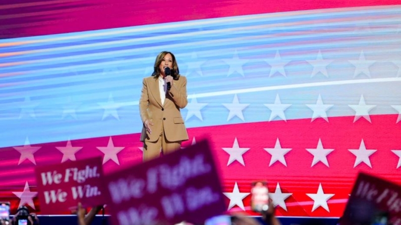 La candidata a la vicepresidencia y a la presidencia demócrata en 2024, Kamala Harris, habla en el United Center durante el primer día de la Convención Nacional Demócrata en Chicago el 19 de agosto de 2024. (Madalina Vasiliu/The Epoch Times)