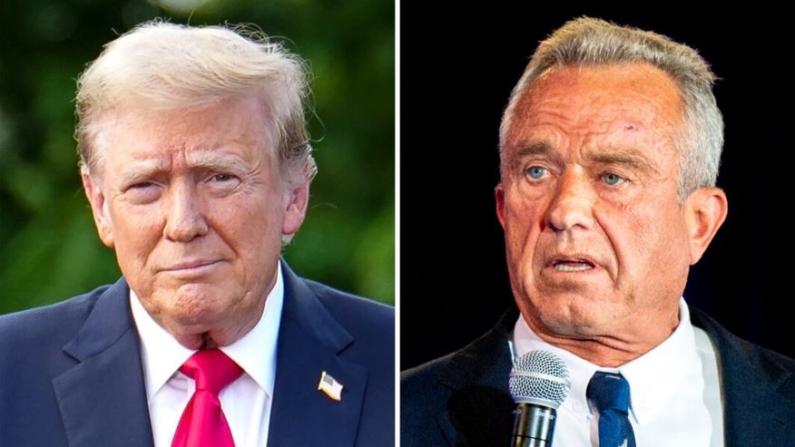 (Izquierda) El expresidente Donald Trump celebra un mitin en el sur del Bronx, en Nueva York, el 23 de mayo de 2024. (Derecha) El candidato presidencial independiente Robert F. Kennedy Jr. habla en un mitin en Brazos Hall en Austin, Texas, el 13 de mayo de 2024. (Samira Bouaou/The Epoch Times; Brandon Bell/Getty Images)