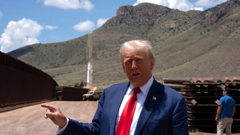 SIERRA VISTA, ARIZONA - AUGUST 22: U.S. Republican Presidential Candidate and former President Donald Trump gestures at the U.S.-Mexico border on August 22, 2024 south of Sierra Vista, Arizona. Trump will hold a rally in Glendale, Arizona tomorrow. (Photo by Rebecca Noble/Getty Images)