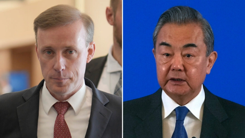 (Izquierda) El asesor de seguridad nacional estadounidense Jake Sullivan en Davos, Suiza, el 16 de enero de 2024; (Derecha) El ministro de Asuntos Exteriores chino Wang Yi en Beijing el 9 de enero de 2024. Foto AP
