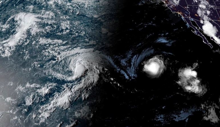 Una imagen de satélite muestra la tormenta tropical Hone y el huracán Gilma situados al sureste de Hawaii el 24 de agosto de 2024. (NOAA vía AP)