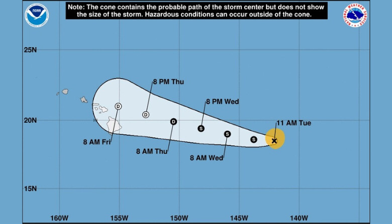 El Centro Nacional de Huracanes pronostica la trayectoria de la tormenta tropical Gilma en su camino hacia Hawai a las 11 a.m. HST del 27 de agosto de 2024. (Centro Nacional de Huracanes/Servicio Meteorológico Nacional). 