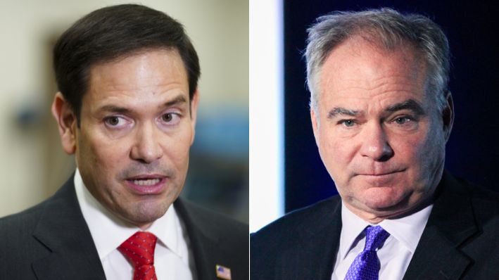 El senador Marco Rubio (R-Fla.) habla durante una conferencia de prensa en el Capitolio de Estados Unidos en Washington el 11 de julio de 2023. (Madalina Vasiliu/The Epoch Times) | El senador Tim Kaine (D-Va.) habla en el evento "Health Care in 2019" de AXIOS en Washington el 12 de diciembre de 2018. (Holly Kellum/NTD)