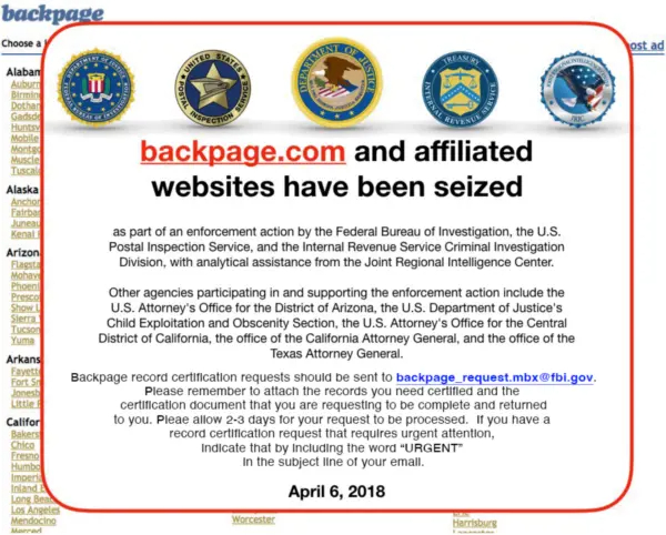 Una imagen de la página de inicio de Backpage.com muestra logotipos de agencias policiales estadounidenses después de que cerraran el sitio web en 2018. (Captura de pantalla/The Epoch Times)