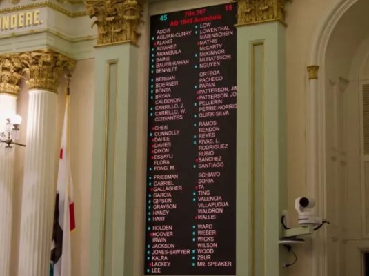 Total de votos para el proyecto de ley de la Asamblea 1840 en el pleno de la Asamblea en el Capitolio en Sacramento, California, el 28 de agosto de 2024. (Travis Gillmore/The Epoch Times)