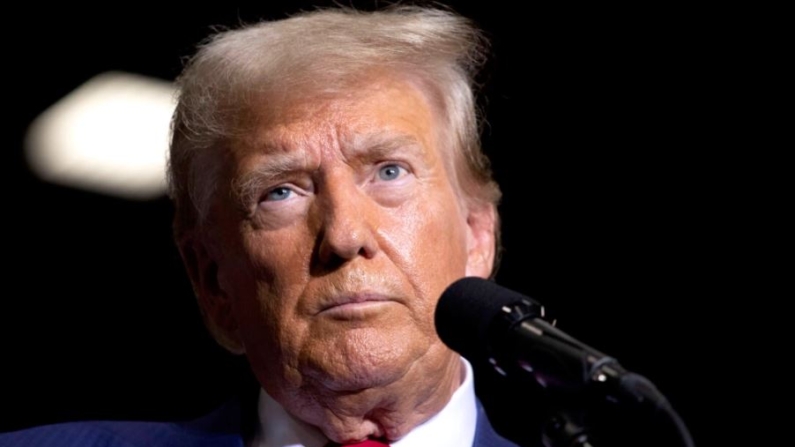 El expresidente y actual candidato presidencial republicano Donald Trump habla sobre la economía, la inflación y la industria de manufactura durante un acto de campaña en Alro Steel en Potterville, Michigan, el 29 de agosto de 2024. (Bill Pugliano/Getty Images)