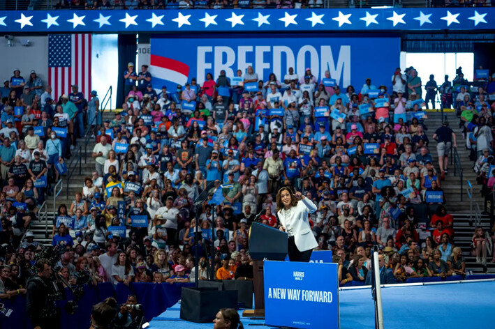 La candidata presidencial del Partido Demócrata, la vicepresidenta Kamala Harris, habla en el Enmarket Arena de Savannah, Georgia, el 29 de agosto de 2024. (Madalina Vasiliu/The Epoch Times)