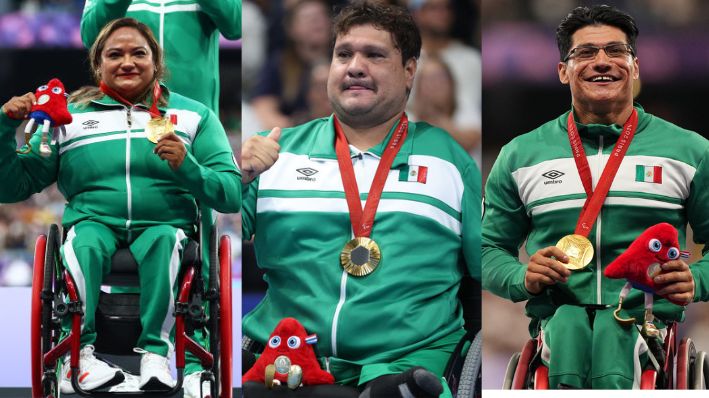 Fotografía compuesta (Izq.-Dcha.) La medallista de oro Gloria Zarza Guadarrama del Equipo de México durante la ceremonia de medallas, el 02 de septiembre de 2024 en París, Francia. (Graham Denholm/Getty Images); El medallista de oro, Arnulfo Castorena posa para una foto en el podio, el 04 de septiembre de 2024 en Nanterre, Francia. (Sean M. Haffey/Getty Images); El medallista de oro Juan Pablo Cervantes, del Equipo de México, durante la ceremonia de entrega de medallas, el 04 de septiembre de 2024 en París, Francia. (Aitor Alcalde/Getty Images por IPC)