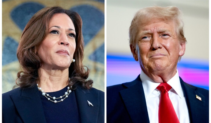 La candidata presidencial demócrata, la vicepresidenta Kamala Harris, espera para hablar en un acto de campaña en el Local 900 de United Auto Workers en Wayne, Michigan, el 8 de agosto de 2024. (Derecha) El candidato presidencial republicano, el expresidente Donald Trump, llega para hablar durante un mitin en el Herb Brooks National Hockey Center de St Cloud, Minnesota, el 27 de julio de 2024. (Andrew Harnik, Stephen Maturen/Getty Images)