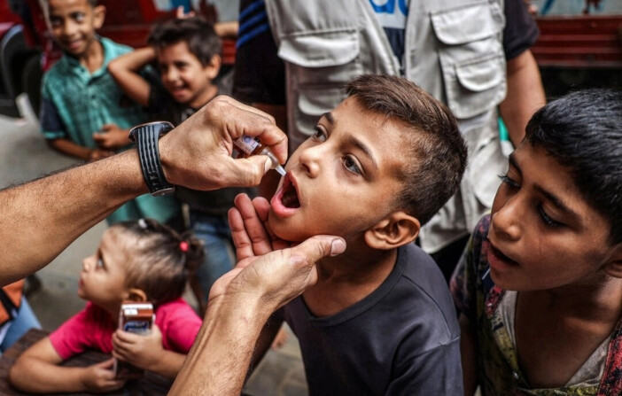 Un niño recibe una vacuna contra la polio en Deir el-Balah, en el centro de la Franja de Gaza, el 4 de septiembre de 2024. (Eyad Baba/AFP vía Getty Images). 