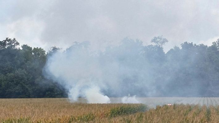 En esta foto proporcionada por el Territorio de Bomberos de East Madison, el humo se eleva desde un campo de maíz en el centro de Indiana, después de que un avión que despegó de Fort Dodge, Iowa, se estrelló en ruta hacia el Aeropuerto Municipal de Anderson el viernes 6 de septiembre de 2024. (Todd Harmeson/East Madison Fire Territory vía AP)