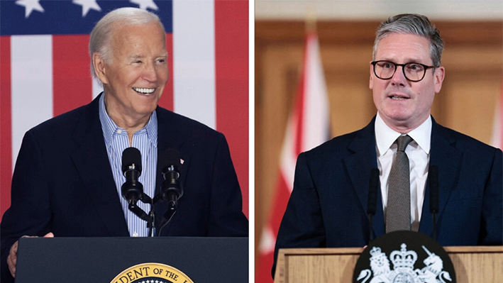 Izquierda: El presidente Joe Biden habla a sus partidarios durante un mitin de campaña en la Sherman Middle School de Madison, Wisconsin, el 5 de julio de 2024. (Andrew Harnik/Getty Images) Derecha: El recién elegido primer ministro británico, Keir Starmer, ofrece una rueda de prensa tras la primera reunión de su gabinete en Downing Street, Londres, el 6 de julio de 2024. (Claudia Greco-WPA Pool/Getty Images)
